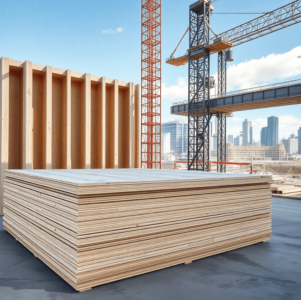 Stacked formwork plywood panels at a construction site
